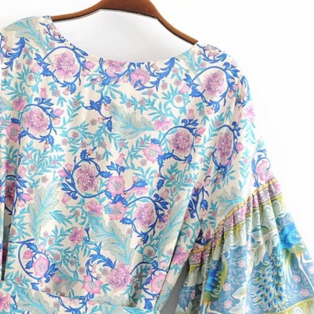 Colorful Boho Floral Gypsy Peacock Print Dress - Picture 10 of 13
